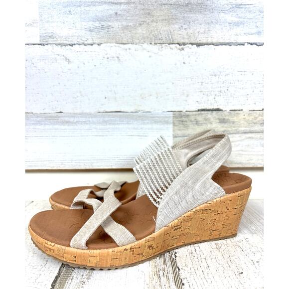 Skechers Women’s 8 Beige Beverlee High Tea Wedge Slingback Slip-On Sandals NEW - Picture 1 of 9